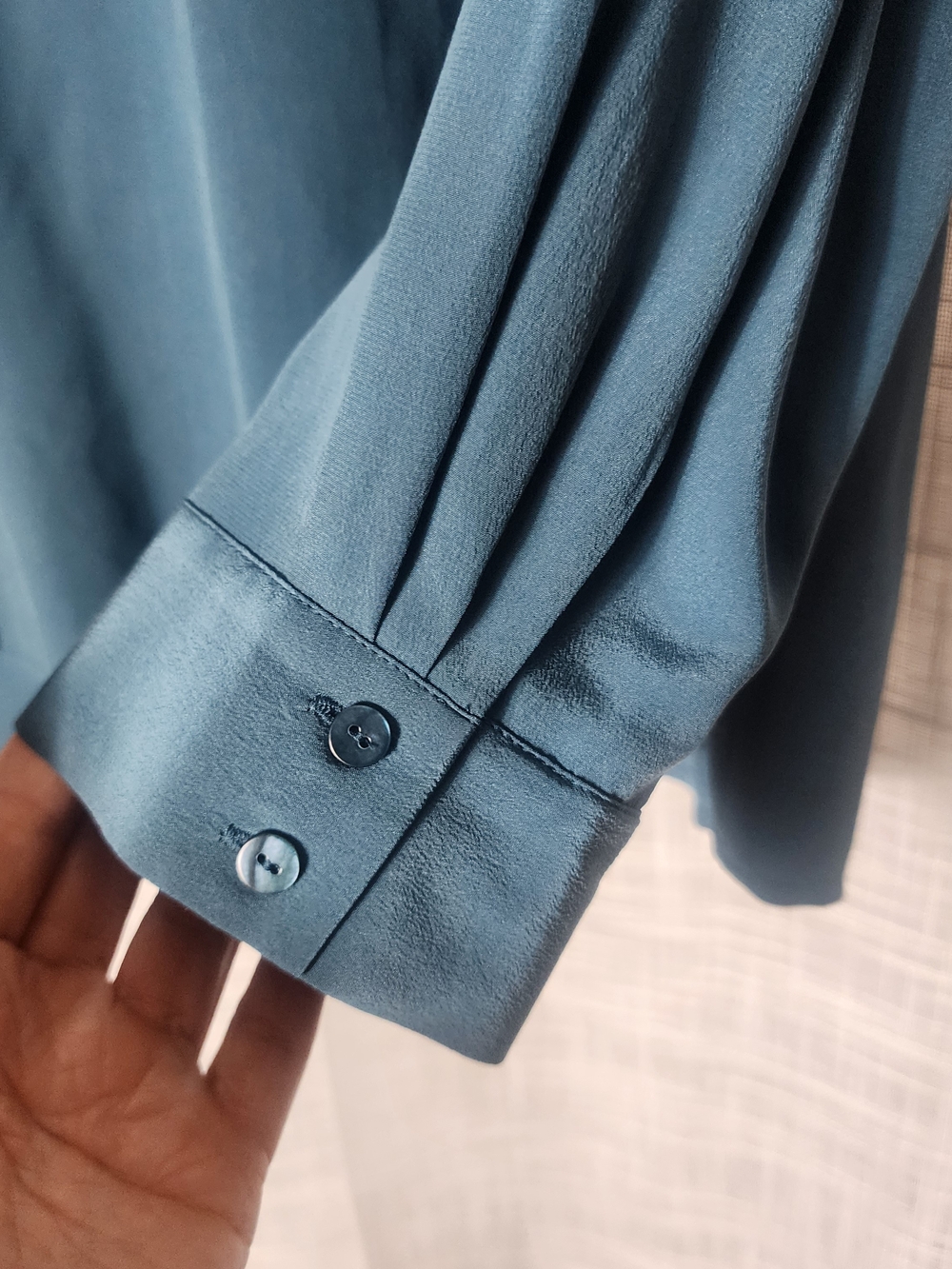 Eileen Fisher Teal Long-Sleeve Split-Neck Blouse - Picture 2 of 6